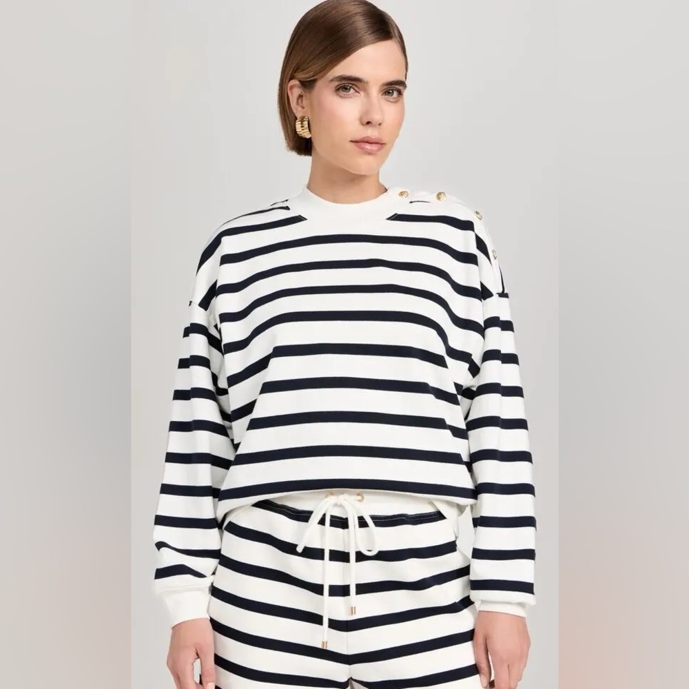 Frame Button Detail Trim Striped Sweatshirt Navy Multi